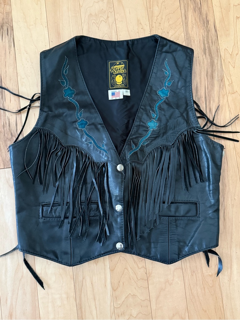 Gypsy Leather Black Fringe Vest with Teal Embroidery